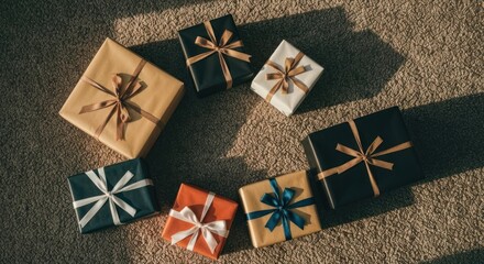 Wrapped gifts arranged in a circle on carpet. Sunlight casts shadows