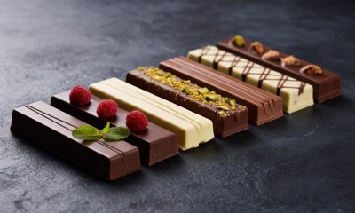 Assorted chocolate bars in a row on dark stone