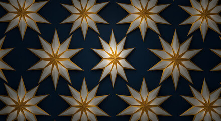 A seamless pattern of geometric stars in white and gold on a midnight blue background