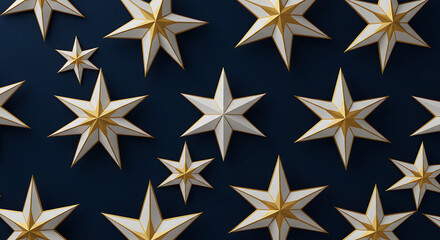 A seamless pattern of geometric stars in white and gold on a midnight blue background