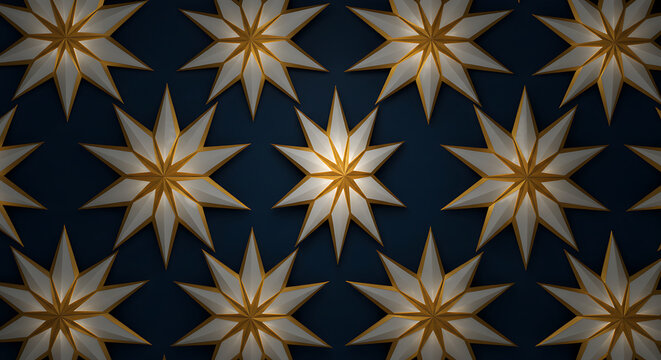 A seamless pattern of geometric stars in white and gold on a midnight blue background - Powered by Adobe