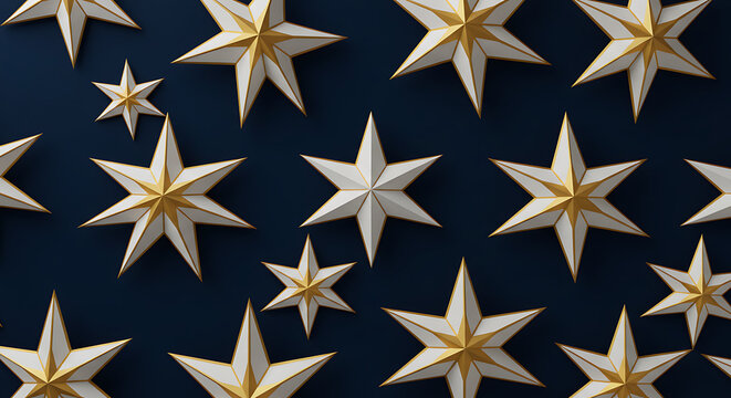 A seamless pattern of geometric stars in white and gold on a midnight blue background - Powered by Adobe