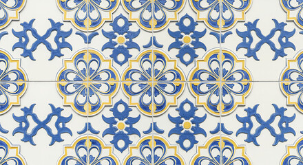A seamless pattern of intricate Moroccan tiles in blue and yellow on a white background
