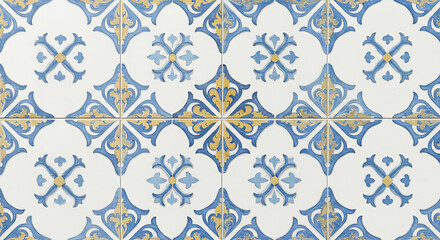 Fototapeta premium A seamless pattern of intricate Moroccan tiles in blue and yellow on a white background