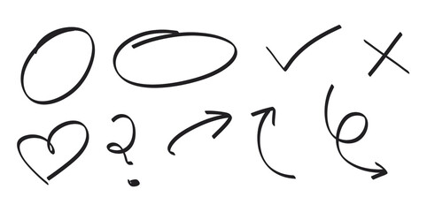 Set of doodle hand draw arrows, ovals and other elements isolated on transparent background 