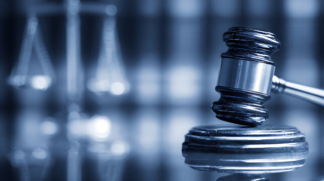 A close-up of a judge's gavel resting on its sound block with a blurred scale of justice in the background.
