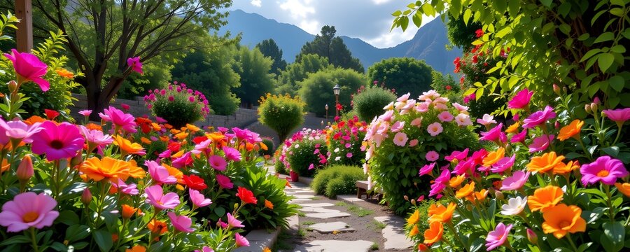 Subject on right in lush paradise garden filled with colorful flowers, with ample copy space on the left for text, idyllic background, high resolution photo style.