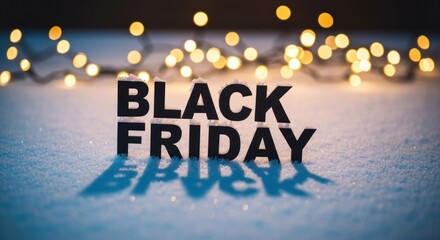 Black Friday text on snow, holiday lights