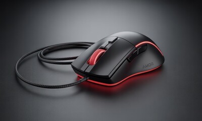 Black computer mouse with red accents. Wired, ergonomic design