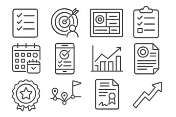 Goal Setting Icons. Line style icons of goal setting essentials: goal checklist, personal objective target, vision board icon,