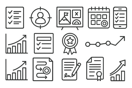 Goal Setting Icons. Line style icons of goal setting essentials: goal checklist, personal objective target, vision board icon,