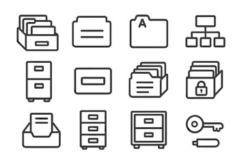 Digital Filing Icons. Line style icons of digital filing cabinet: physical file drawer icon, index card tab, alphabetical file tag