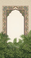 Ornate Islamic Archway Frame with Lush Greenery and Decorative Foliage Background