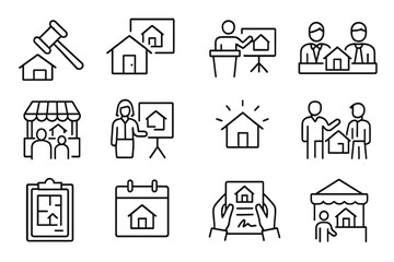 Real Estate Event Icons. Line style icons of real estate events: property auction, open house icon, buyer seminar, broker meeting,