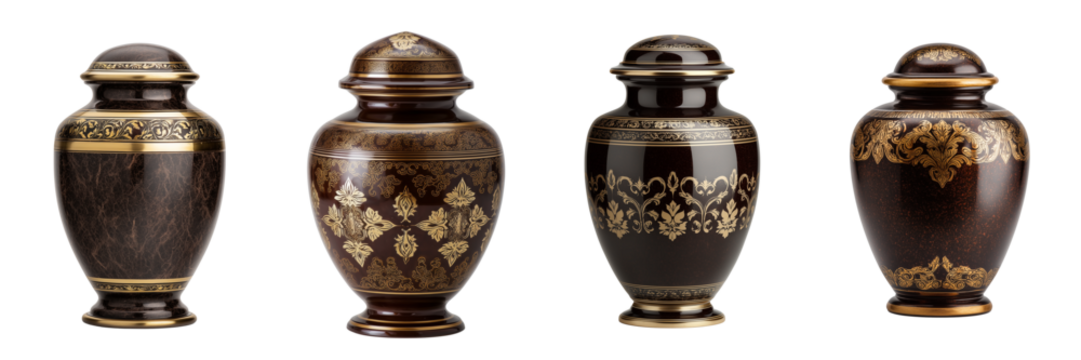 Four ornate brown and gold decorative urns with detailed patterns isolated on a transparent background