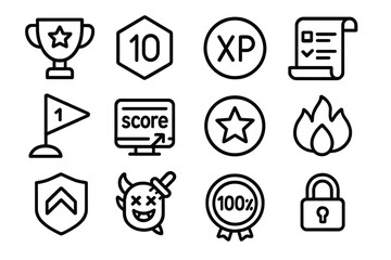 Gaming Achievement Icons. Line style icons of gaming achievements: unlocked trophy, level badge, XP icon, daily quest, milestone
