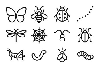 Insect Line Art. Line style icons of insects and bugs: butterfly wings, bee icon, ladybug dots, ant trail, dragonfly icon, spider