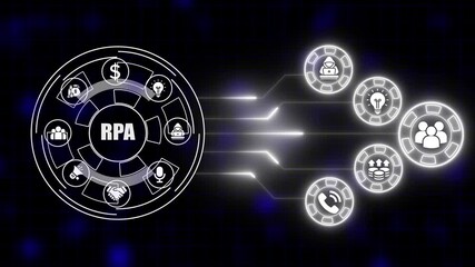 Robotic Process Automation concept with icons for finance idea collaboration security communication and business growth on a digital grid background with glowing data streams - Powered by Adobe
