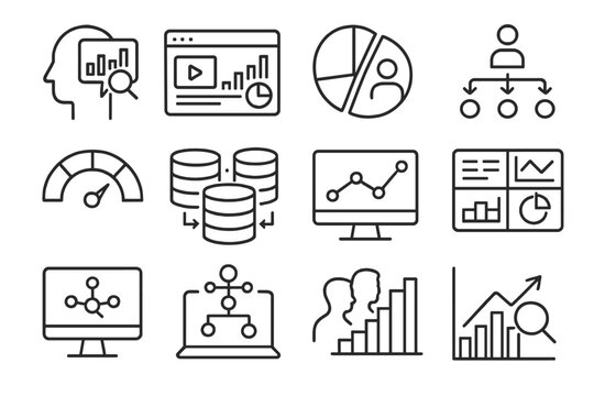 Data-Driven Marketing Icons. Line style icons of data-driven marketing: audience insights, campaign analytics, segment behavior, - Powered by Adobe