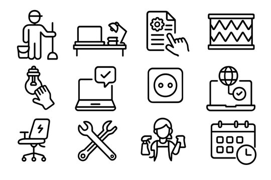 Workspace Maintenance Icons. Line style icons of workspace maintenance: janitor icon, clean desk policy, maintenance request, air