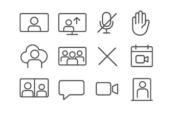 Virtual Meeting Icons. Line style icons of virtual meetings: video call screen, screen share icon, mute microphone, raise hand