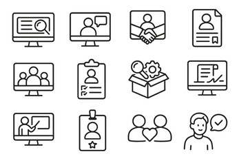 Remote Hiring Icons. Line style icons of remote hiring and onboarding: job post icon, video interview icon, virtual handshake,