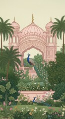 Peacock in Lush Garden with Mughal Architecture Exotic Landscape Illustration for Design Projects