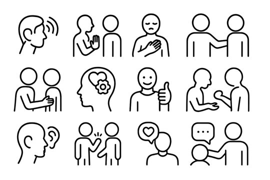 Empathy Icons Collection. Line style icons of empathy and communication: listening icon, understanding gesture icon, apology icon,