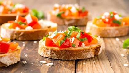 Delicious Bruschetta Appetizers on Rustic Wooden Table.