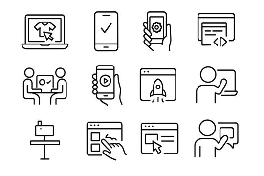 Product Demo Icons. Line style icons of product demonstration: product demo icon, MVP screen icon, prototype in hand, user testing