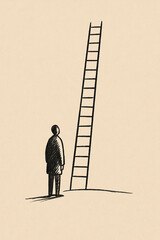 a solitary figure standing at the base of a tall ladder disappearing upward into the sky