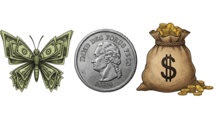 Money butterfly coin bag wealth isolated on a transparent background dollar