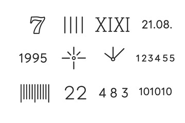 Iconic Number Tattoos. Line style icons of meaningful number tattoos: lucky 7, angel number 111, roman numerals, date code, birth