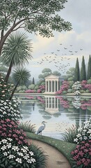Serene Lakeside Garden with Classical Pavilion and Heron Peaceful Landscape Scene