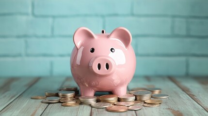Piggy bank with overflowing coins and banknotes, symbolizing abundance, prosperity 
