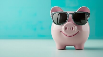 Piggy bank smiling with sunglasses, concept of happy savings, relaxed finance, 
