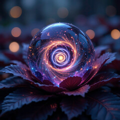 Glowing cosmic crystal orb with galaxy inside, resting on purple leaves, dreamy fantasy light