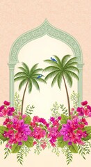 Tropical Paradise View Through Decorative Archway with Palm Trees and Vibrant Bougainvillea Flowers
