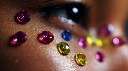 Fototapeta premium Close-Up of a Decorated Face Featuring Colorful Gems Highlighting Skin Texture and Enhancing Beauty in an Artistic Makeup Style