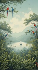 Tropical Rainforest Landscape with Parrots and Sailboat Serene Scene for Travel and Nature Themes