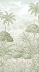 Tropical Rainforest Landscape with Two Flamingos Palm Trees and Lush Greenery Illustration
