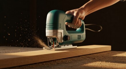 Close-up of a teal jigsaw cutting wood