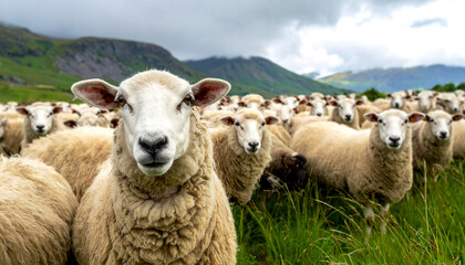 Fototapeta premium A flock of sheep gathers to graze in a grassy field