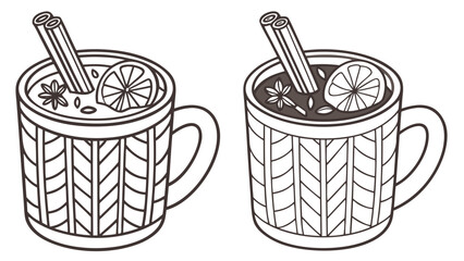hot beverage mugs knitted pattern orange cinnamon spices line drawing illustration design.