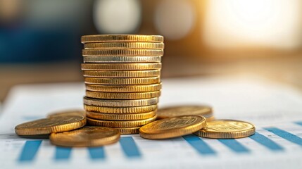 Stack of ascending coins on a financial document, symbolizing growth, clean, clear,  