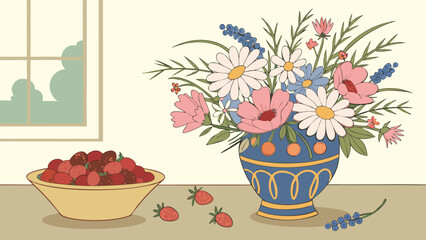 kitchen windowsill wildflower vase strawberry bowl cottage style watercolor illustration design. 