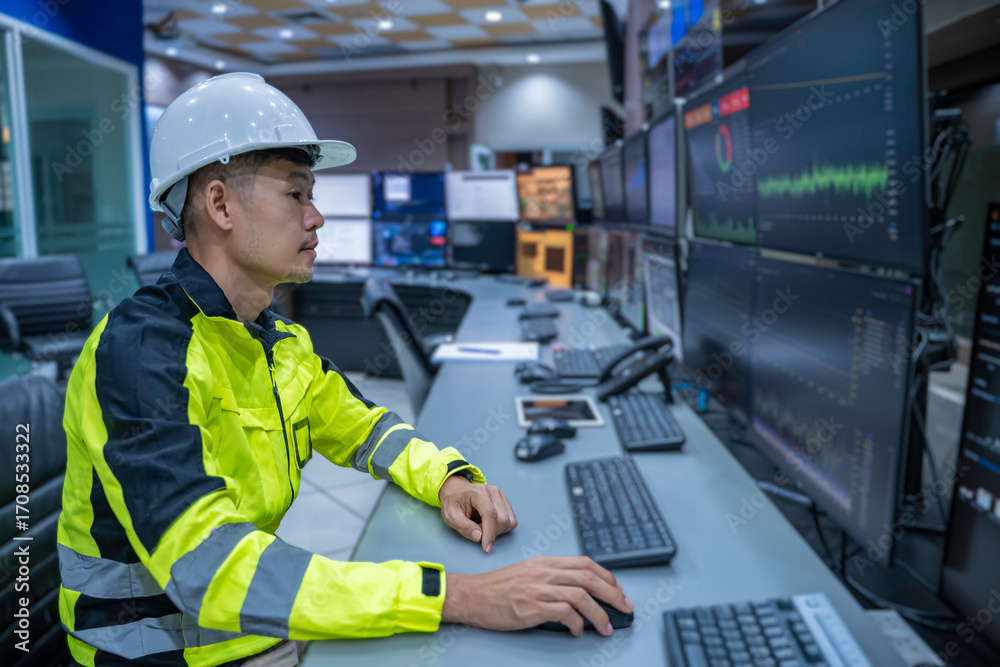 Wall mural engineer working at control room, manager control system, technician man monitoring program from a l