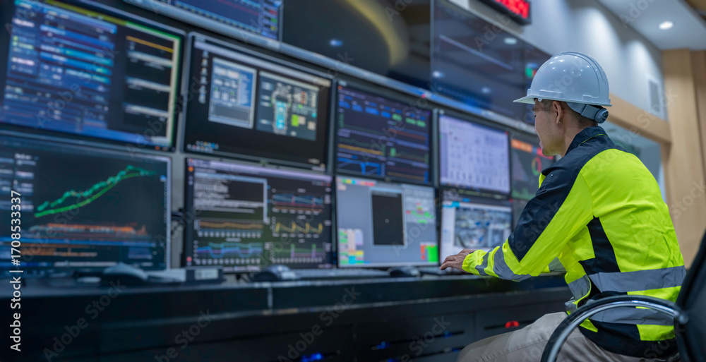 Wall mural engineer working at control room, manager control system, technician man monitoring program from a l