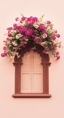 Beautiful Arch Window Decorated with Vibrant Bougainvillea Flowers on a Pink Wall