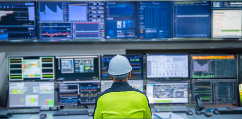 Engineer working at control room, Manager control system, Technician man monitoring program from a lot of monitor.Specialist observes analytics dashboard,operator inspects digital interface